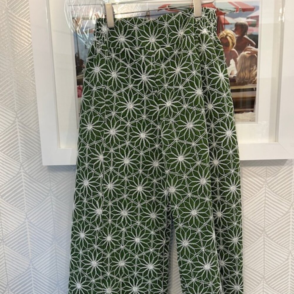 Agua Bendita Green Wide-Leg Pants with White Geometric Floral Embroidery - Picture 4 of 7